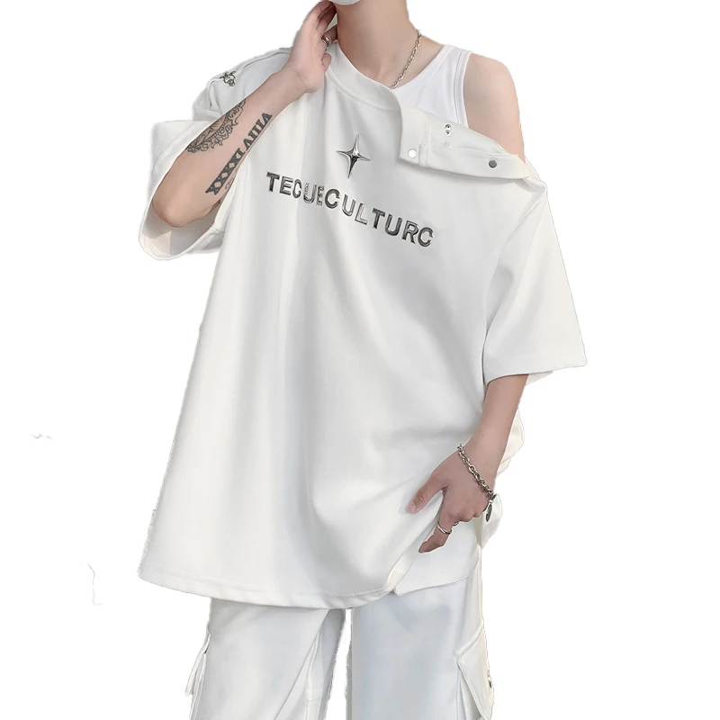 

Men's Summer Half Sleeve Metallic Button Decor Fashion T-shirt Top Stylish Shoulder Design