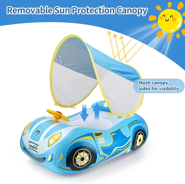 Swimbobo Toddler Pool Float Inflatable Car Baby Swim Float with Adjustable Sun Canopy and Safety Seat Pool Toys for Kids 2