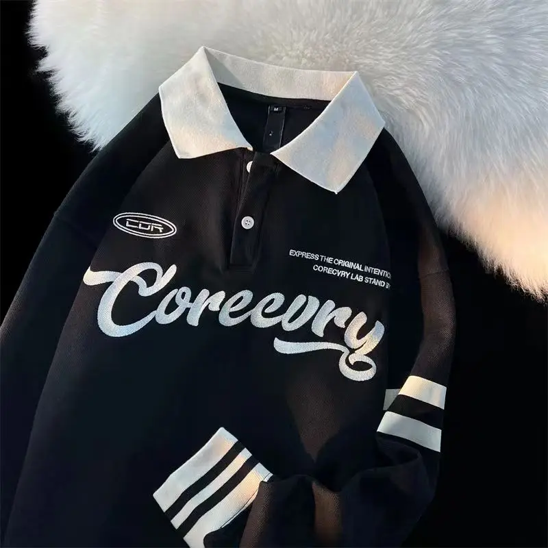 

Letter Embroidery American Retro Polo Shirt Japanese Preppy Sweatshirt Women Casual Loose Long Sleeve Harajuku Pullovers Autumn