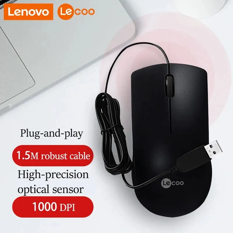 레노버 MS100 USB 유선 마우스, 3 단추 유선 마우스, 1000 DPI, 인체 공학적 디자인의 광학 컴퓨터 마우스