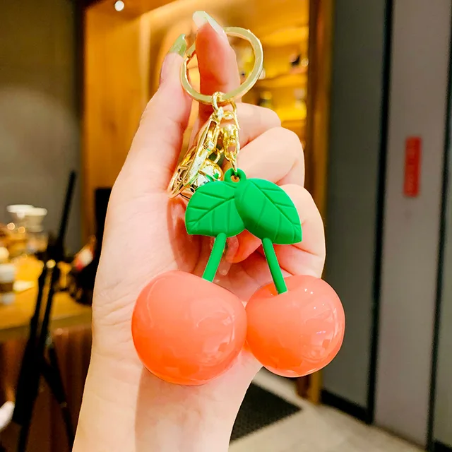 Cartoon Acrylic Pink Cherry Keychain Women Keys Pendent Cute Simulation  Fruit Trend Car Key Chain Female Bag Charm Keyring Gifts