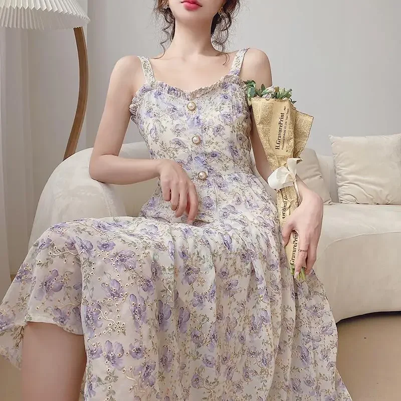 Summer French Sweet Fairy Dress Women Elegant Pearl Button Floral Print Ruffles Party Female Kawaii Korean Cottagecore Dresses