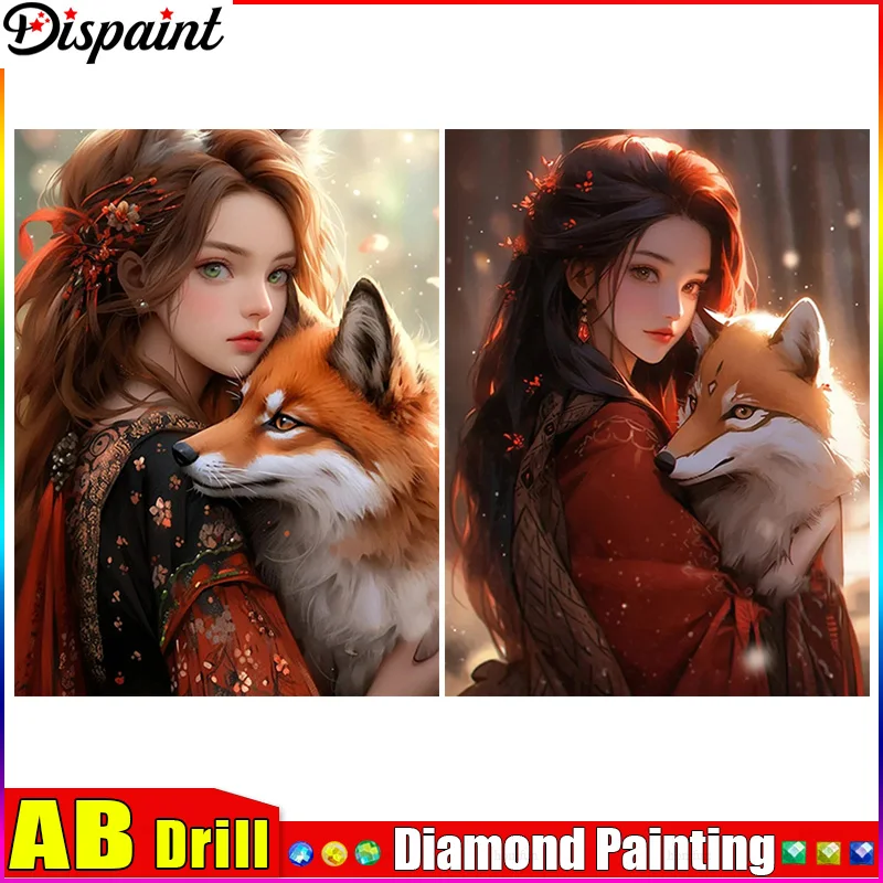 

Алмазная 5D Вышивка Dispaint AB «сделай сам», полноформатная картина с рисунком «Девочка из аниме и лиса», квадратная/круглая Искусство декора планшетов