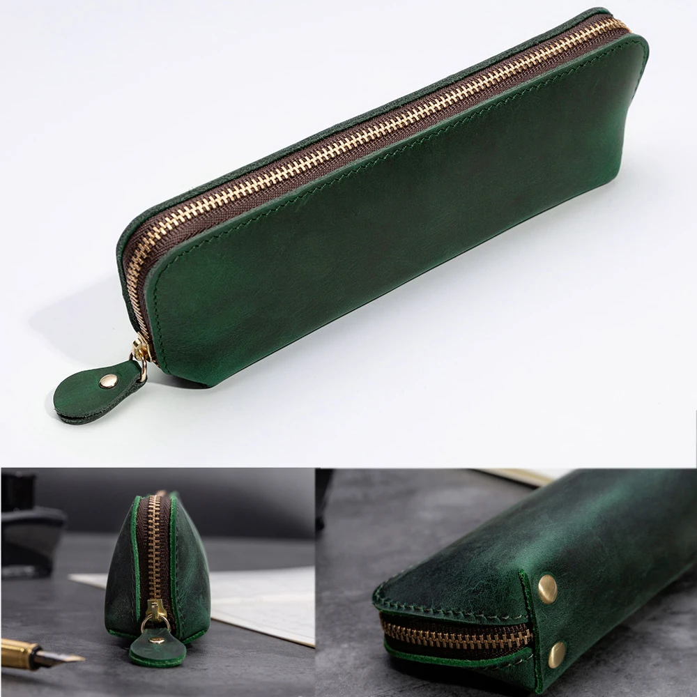 1pc Cowhide Pencil Case Stationery Holder Genuine Leather Pencilcase Storage Bag Office School Supplies