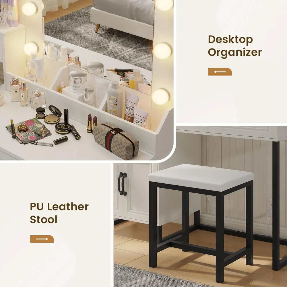 Makeup Vanity Desk with Mirror and Lights & Stool, Glass Top Vanity Table Set with Charging Station, 4 Stoarge Drawers & Double 6