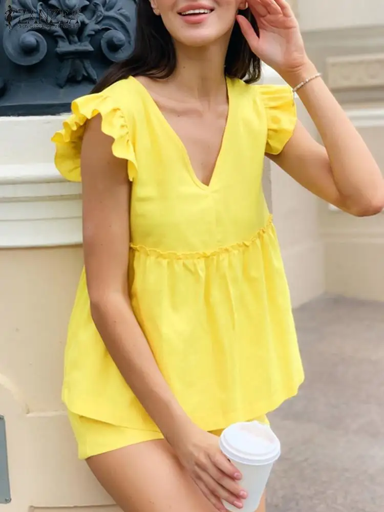 

Комплект ZANZEA Женский Короткий без рукавов, Модный повседневный праздничный костюм из 2 предметов, однотонный спортивный костюм с оборками, уличная одежда, лето 2023