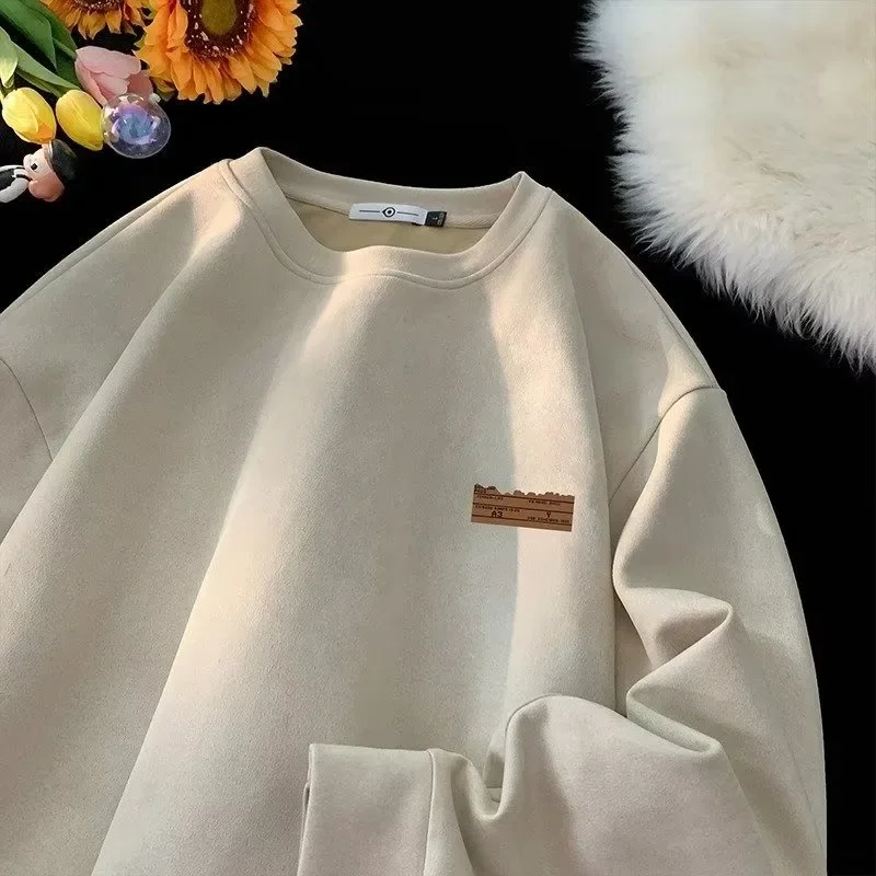 Sudadera estilo americano de piel de gamuza de color vintage para hombre, de gran tamaño, con cuello redondo, sudadera con capucha holgada y versátil