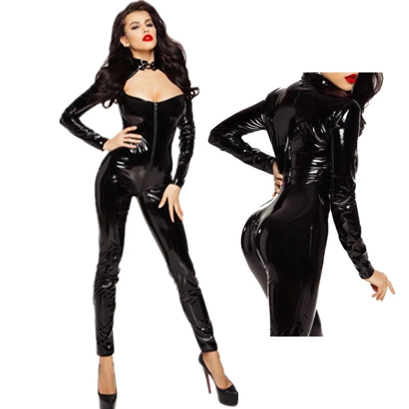 

Plus Size Sexy Lady Leather Latex Catsuits Low Cut With Zipper Open Crotch Wetlook PU Leotard Jumpsuits Bodysuit Erotic Clubwear