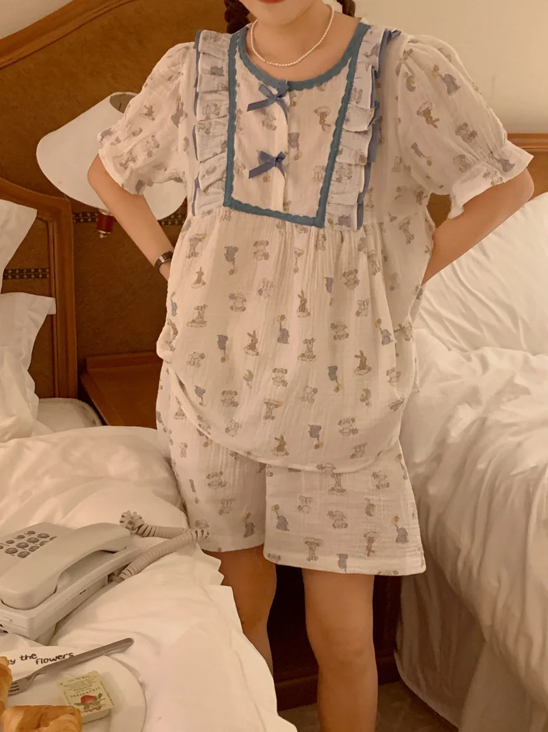 Stampa Cartoon Summer Princess Lace Ins Stile da ragazzina Carino pigiama corto con maniche Set Pama Donna Elegante Casual Due_voghion.com