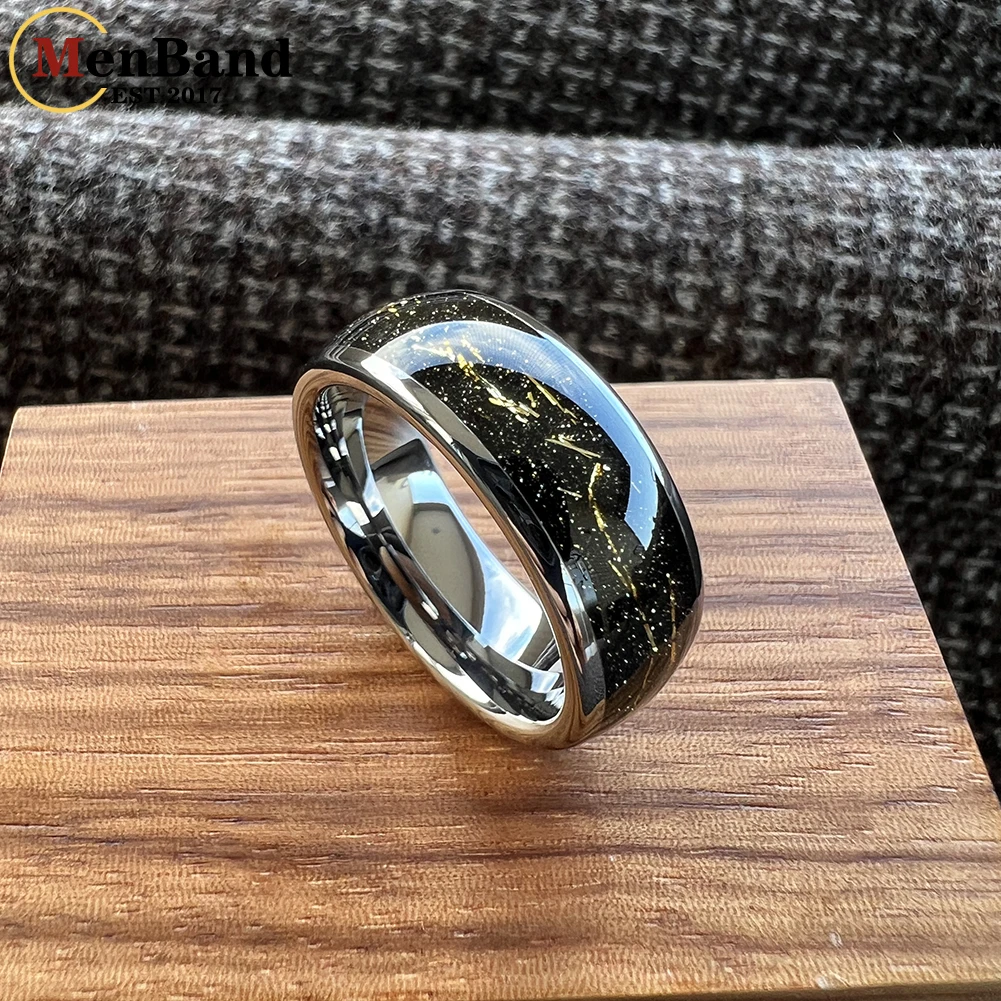 MenBand Jewelry Men's And Women's Tungsten Wedding Ring Domed Polished Black Sandblast Gold Foil Inlay Width 8mm Comfortable Fit