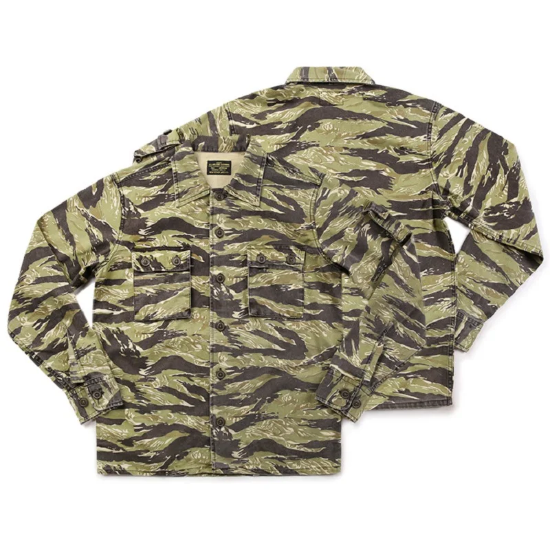 남성용 밀리터리 그린 타이거 패턴 위장 셔츠, 개구리 세트, 레트로 멀티 포켓 작업 셔츠