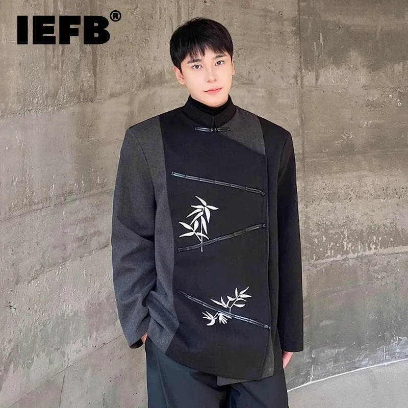 

IEFB Winter Men's Suit Coat New Chinese Style Thickened Woolen Blazers Embroidered Printing Standing Collar Jackets Tops 9C3383