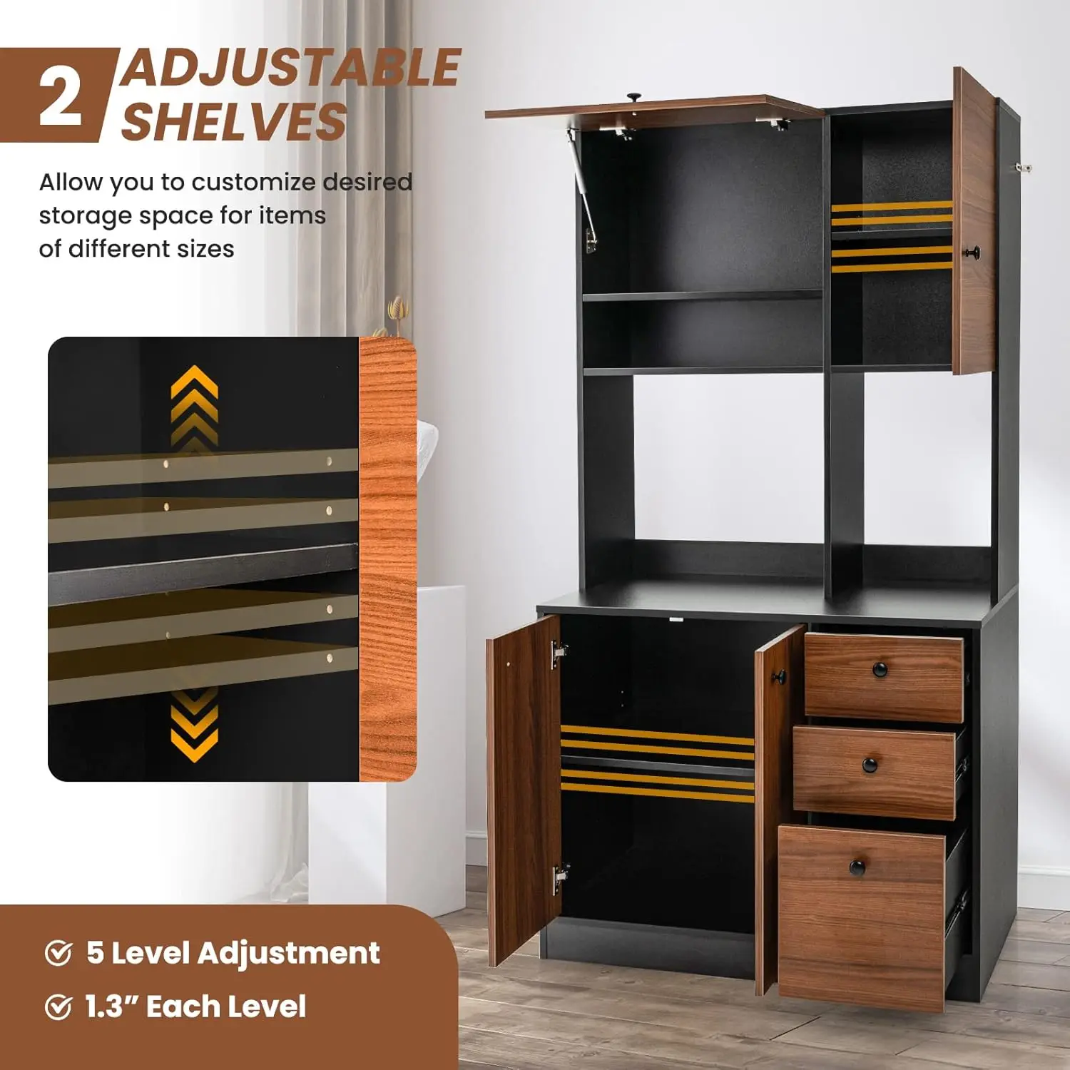 Kitchen Pantry Storage Cabinet Freestanding Buffet Hutch Doors Adjustable Shelves 3 Drawers Microwave LOKO 71&rdquo;