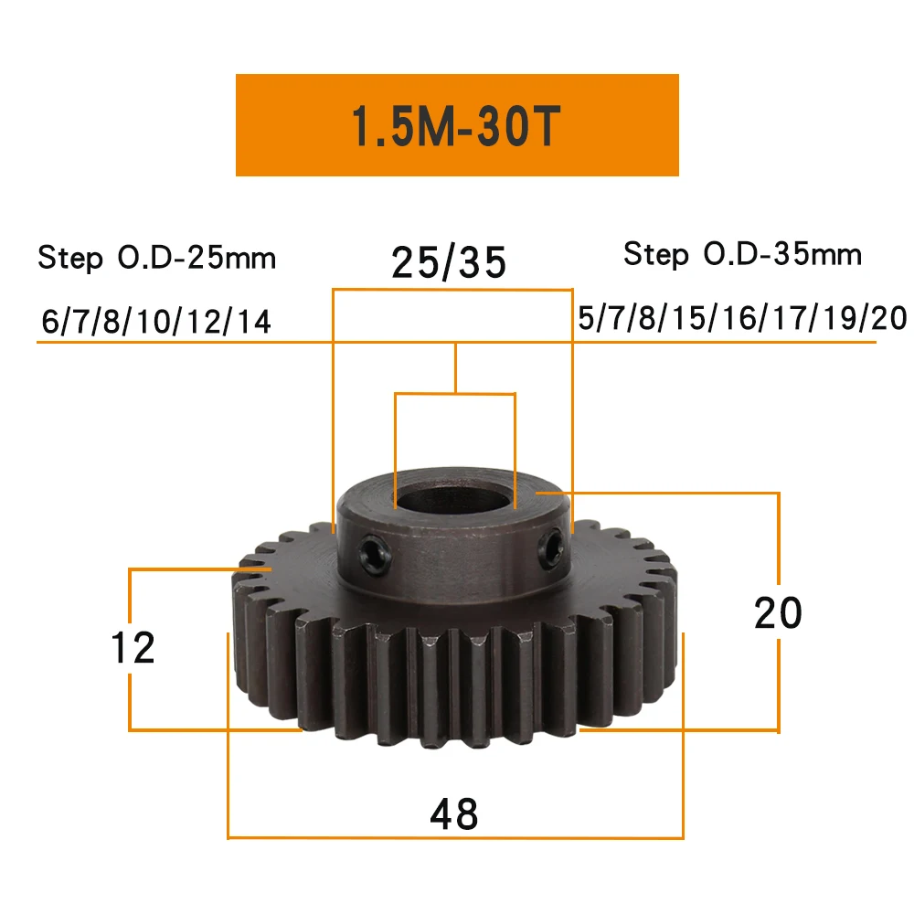 스퍼 기어 1.5M-30T 보어 7/8/10/12/14/15/16/17/19/20mm 톱니 두께 12mm 변속기 용 흑화 탄소강 웜 기어