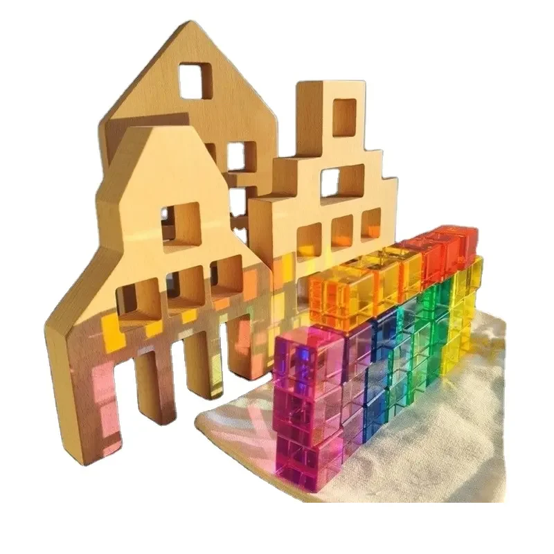 Kinder Montessori Holz Spielzeug Große Dutch Holz Haus Große Wand Lucite Cube Kreative Bildung Blöcke Geburtstag Geschenk