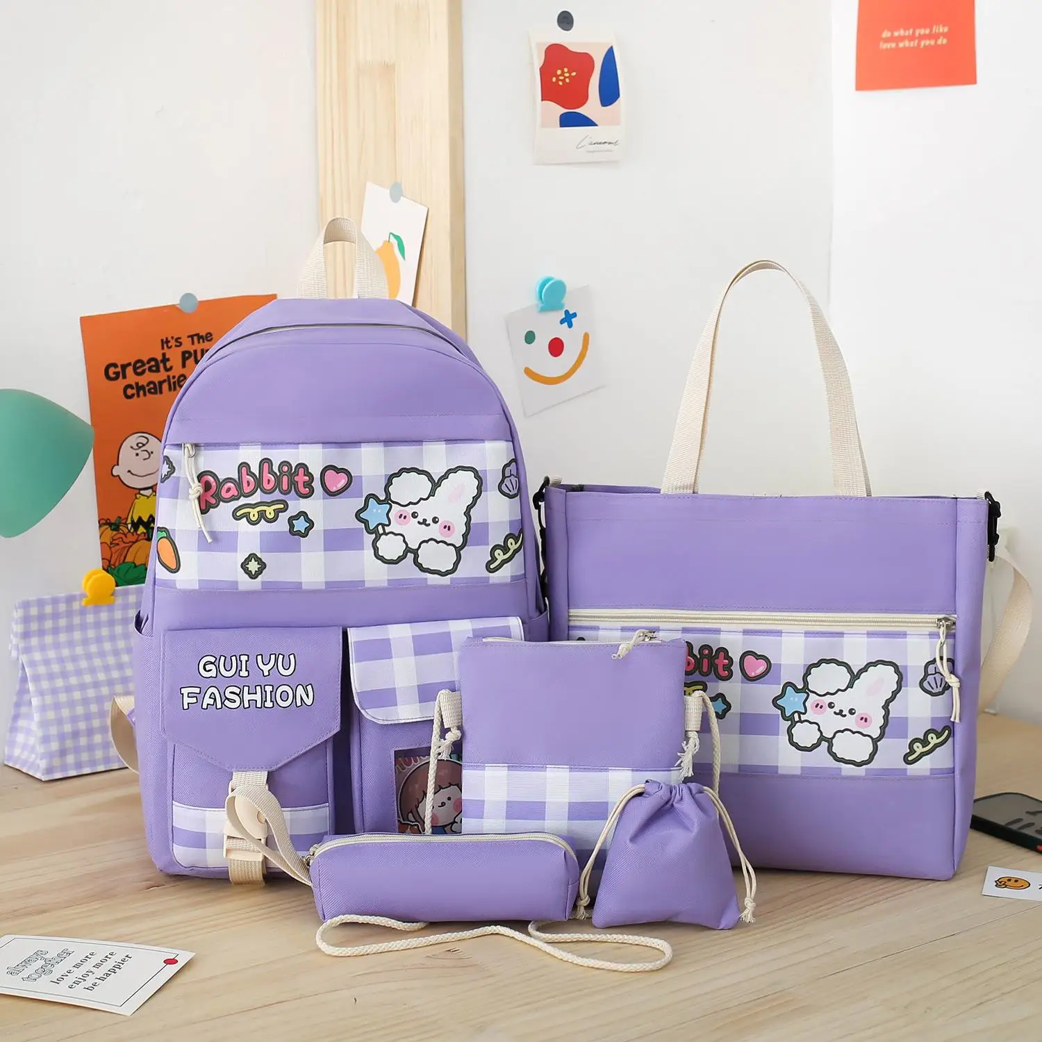 5Pcs/Set Cute Canvas Women School Backpacks for Teenage Girls Book Bag Student High Quality Travel Laptop Backpack Female