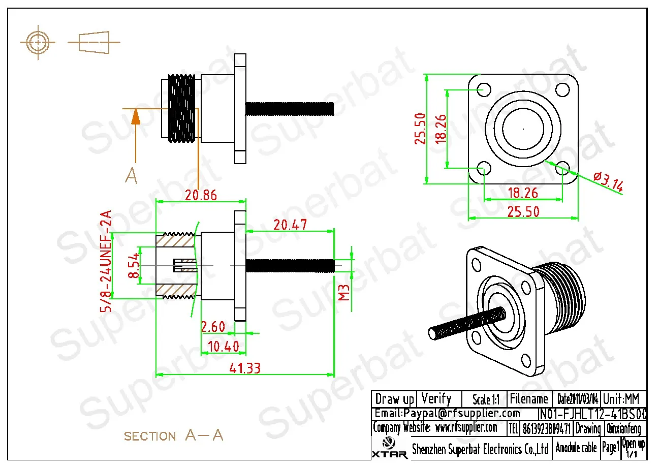RF Coaxial Connector for Fiber Glass Antenna Panel Mount