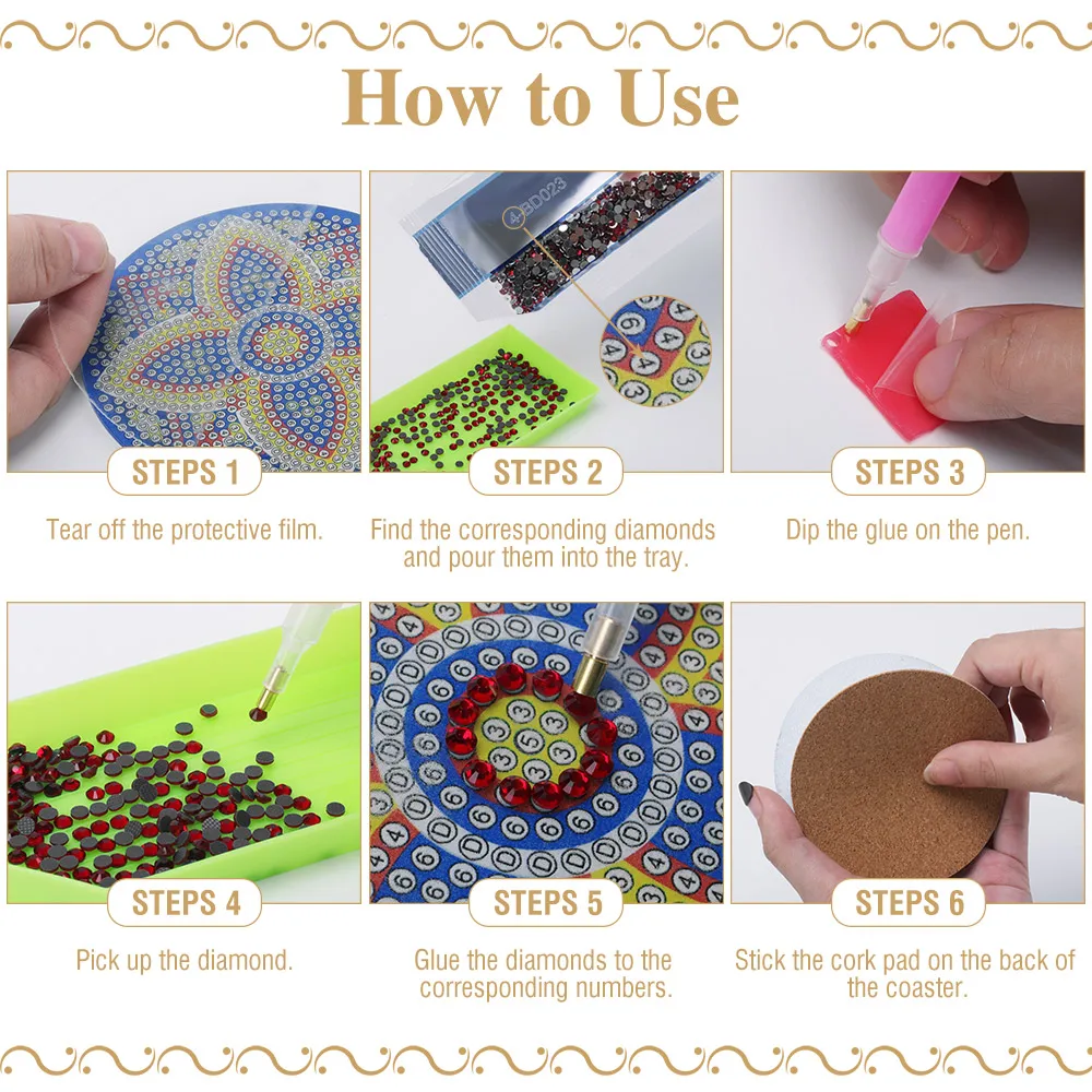 6 Pack Diamond Painting Coasters Kit with Holder DIY Mandala Theme Diamond  Art Coasters Painting Kits 5D Diamond Dot Coasters Kits DIY Acrylic
