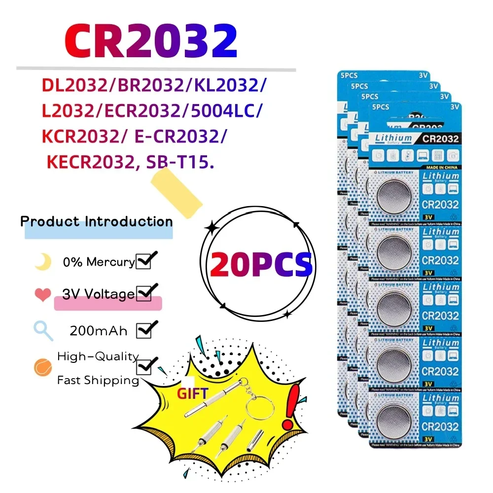 

20pcs 3V 200mAh CR2032 Coin Cells Batteries CR 2032 DL2032 BR2032 KL2032 ECR2032 Lithium Button Battery For Watch Remote Key