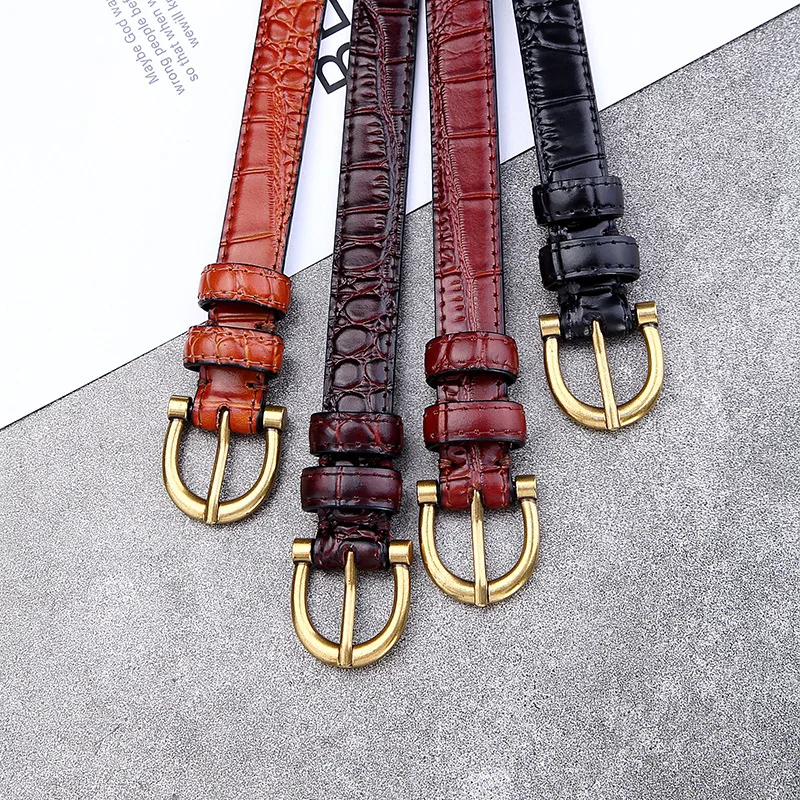 

Vintage Crocodile Grain Real Leather Slim Belt for Women Brown Camel Genuine Leather Cowskin Waist Belt Jean Strap Strech 2022