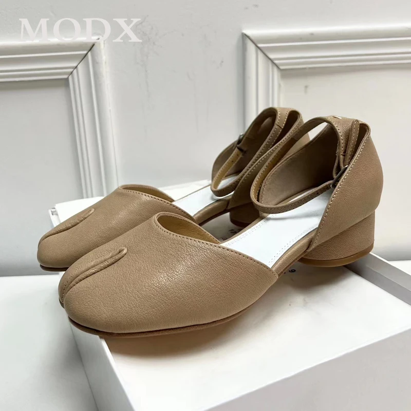 

Shallow Round Heel Pumps 2023 New Genuine Leather Split Toe Retro Sandals Women Summer Ballet Ankle Strap Mary Jane Shoes