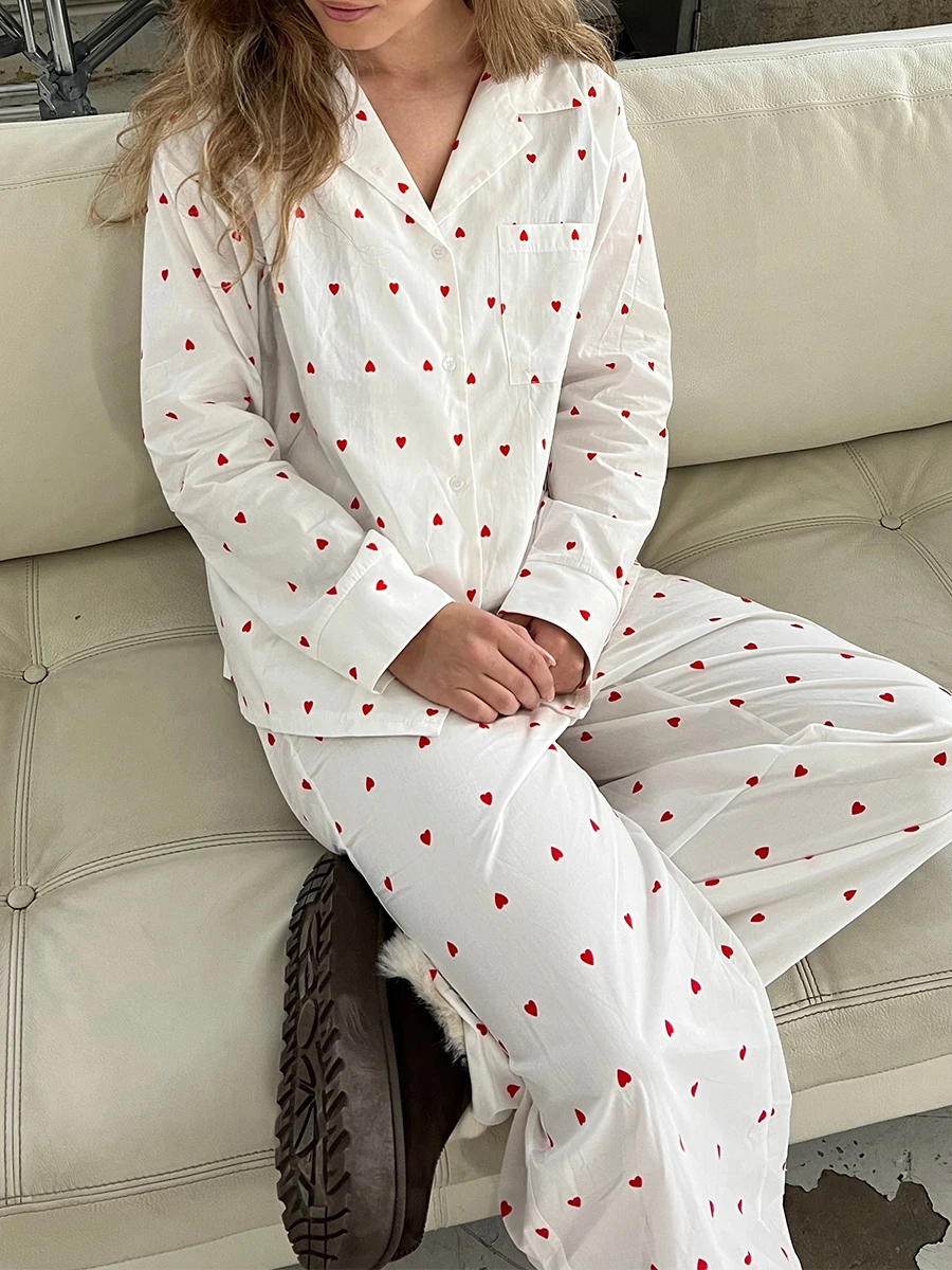 Women 2-Piece Pajama Set Long Sleeved Lapel Button Up Shirt Floral/Heart-Shaped Printed Long Pants Sleeved Casual Home Set