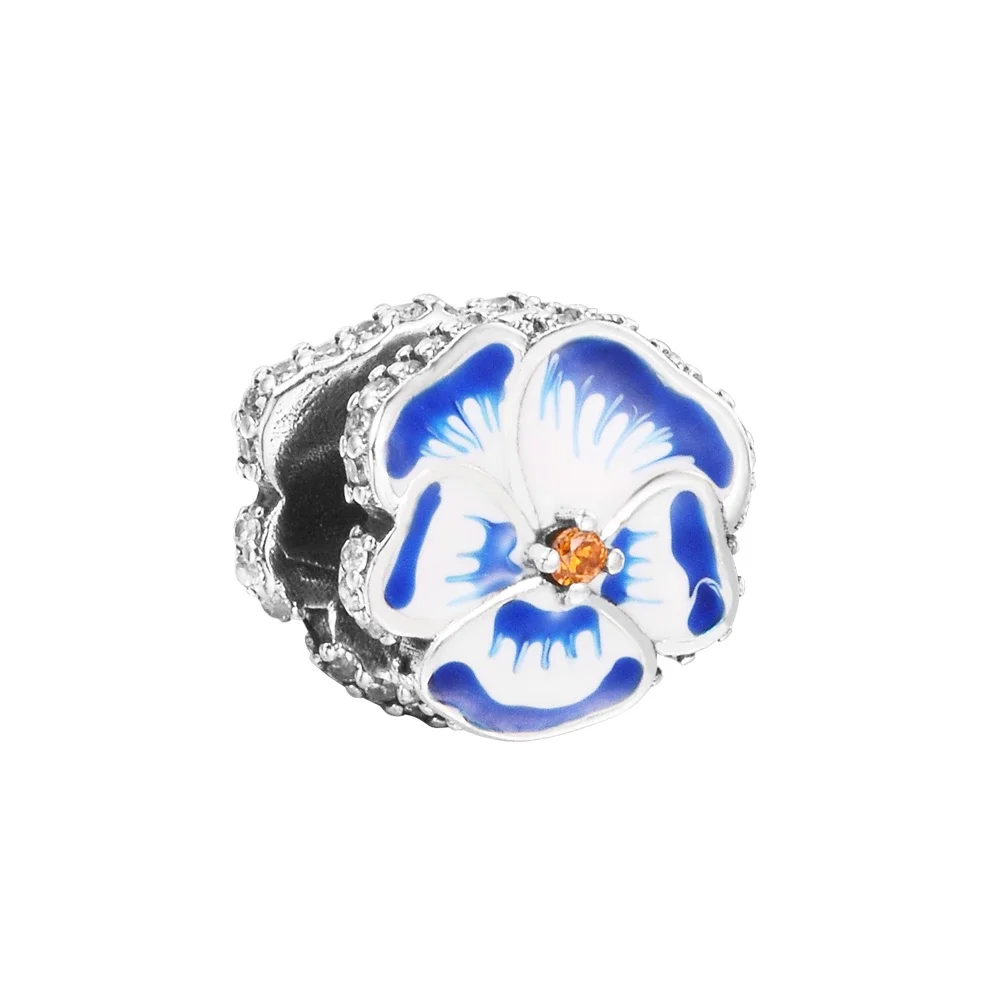 Blue Pansy Flower Jewelry Charm Logo S925 Sterling Dangle Chain Bracelets Trend Girl Friends 100% Real Silver Pendant Beads