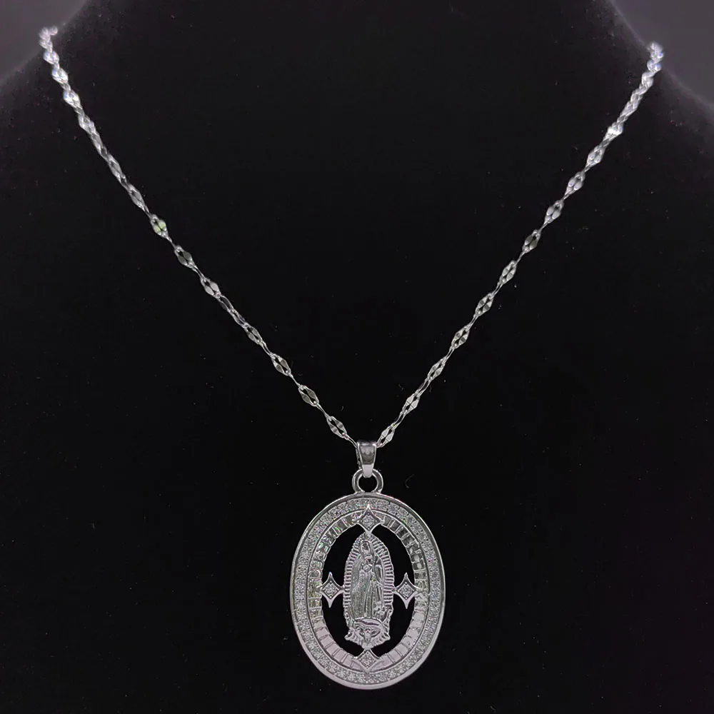 Coquette Jungfrau Mary Kupfer Zirkon Medaille Anhänger Halskette für Frauen Männer Edelstahl Silber Farbe unsere Dame Guadalupe Schmuck – Detail 5