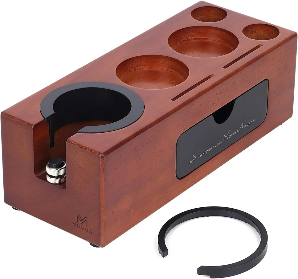Stazione Di Pressatura Per Espresso VOURMIO 9 In 1 – Knock Box Integrata 20 Dischi, Adattatori 51-54-58mm, Legno Sapele