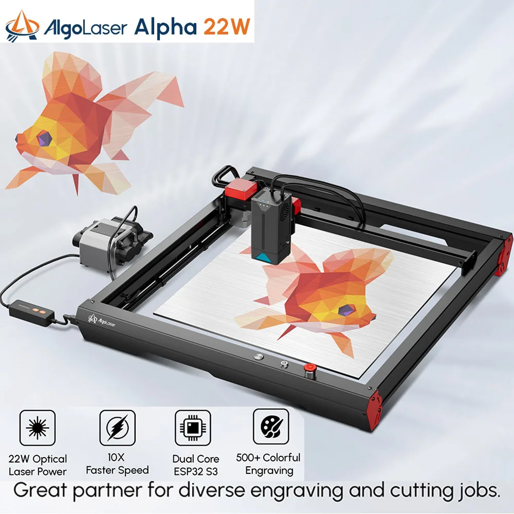 

Algolaser Alpha 22W Laser Engraver Cutter Machine With Air Assist 400MM/S Metal Color engrave Woodworking CNC tool Wifi Offline