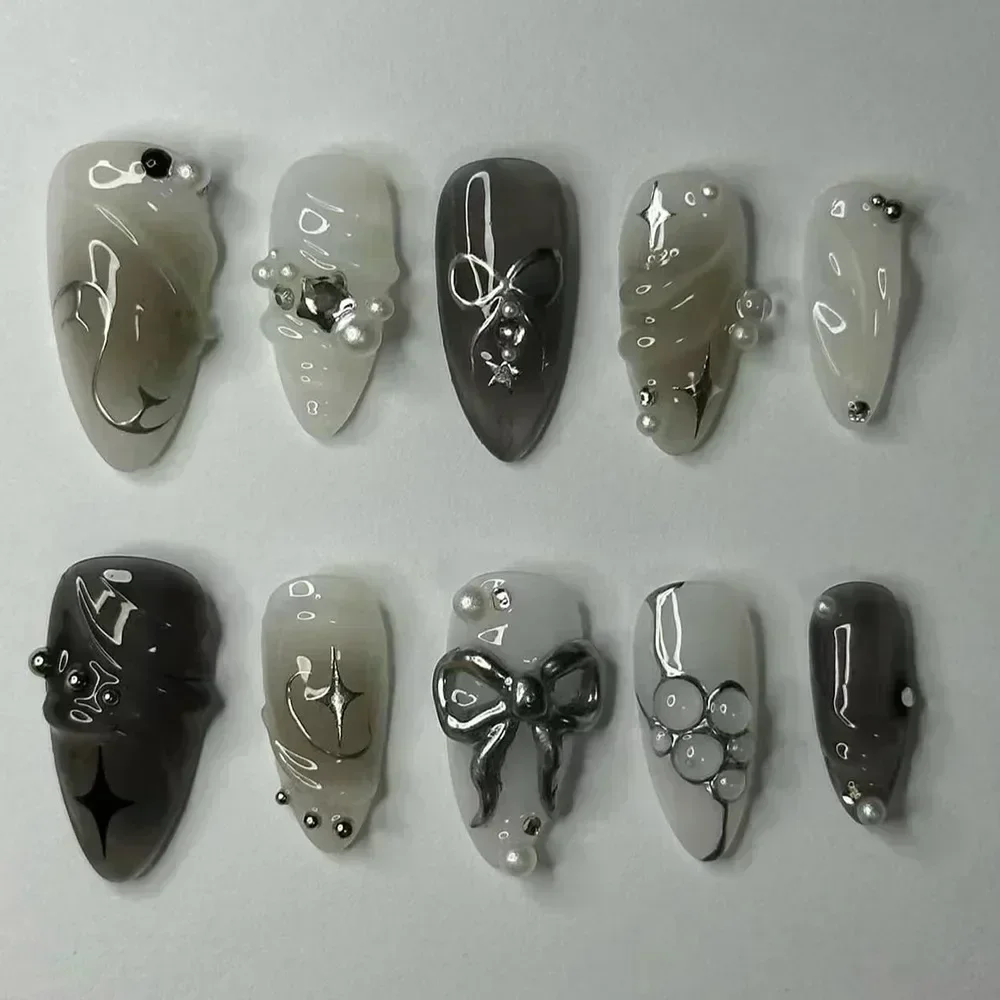 Fake Nails False Nails Nail Tips 24pcs Almond Press on Bowknot Wearable Stick-on U&ntilde;as Накладные Ногти Faux Ongles 네일팁