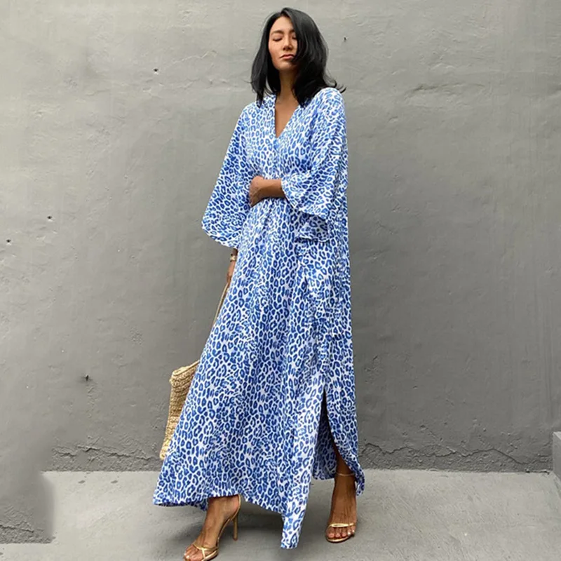Blue Leopard Printing Bikini Cover Up Long Kimono Cardigan Loose Tunic Women Dress Beach Wear Swim Suit Cover Up