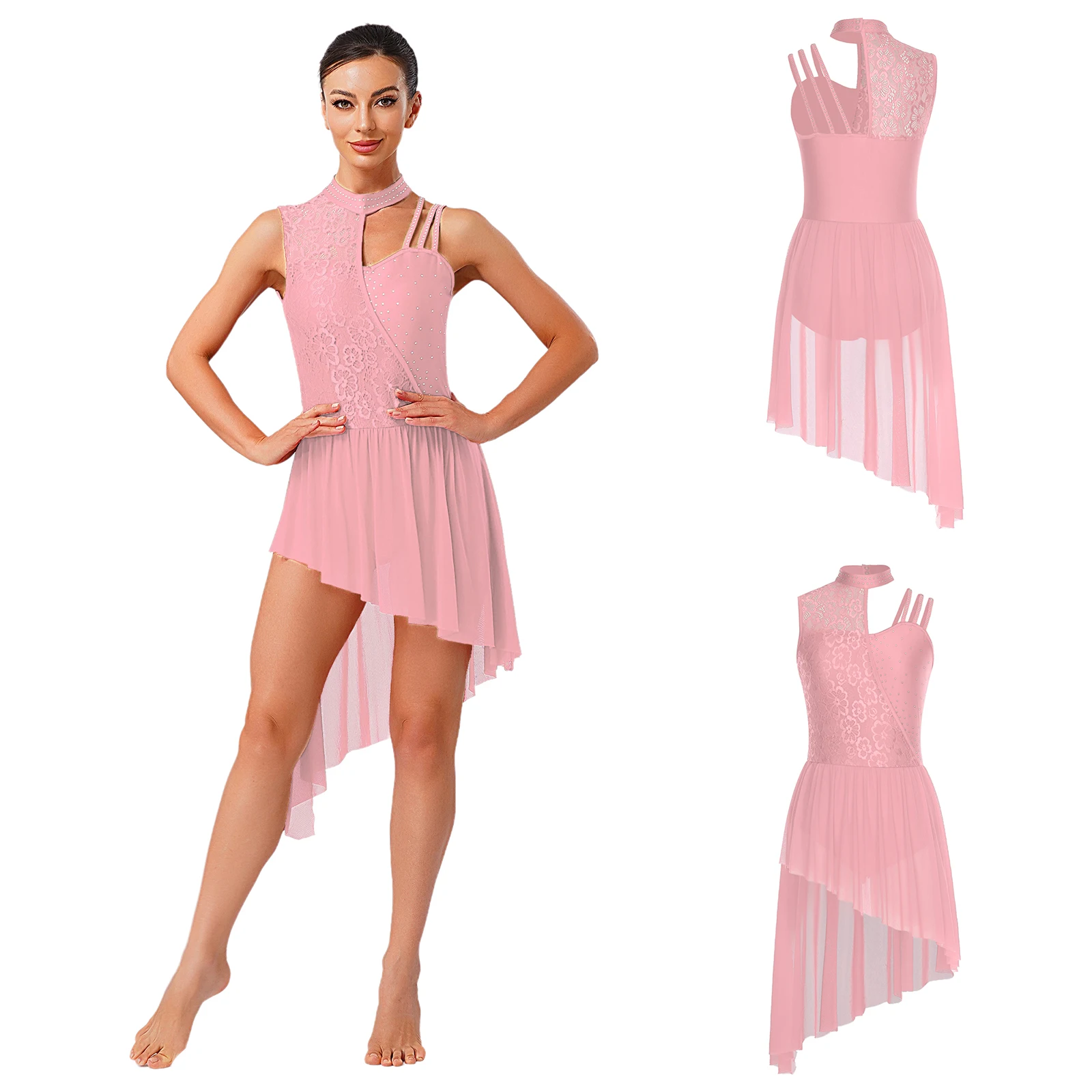 Frauen Ärmellose Strass Mesh Moderne Lyrical Dance Trikot Kleid Ballett Gymnastik Skating Bühne Leistung Dancewear – Detail 26