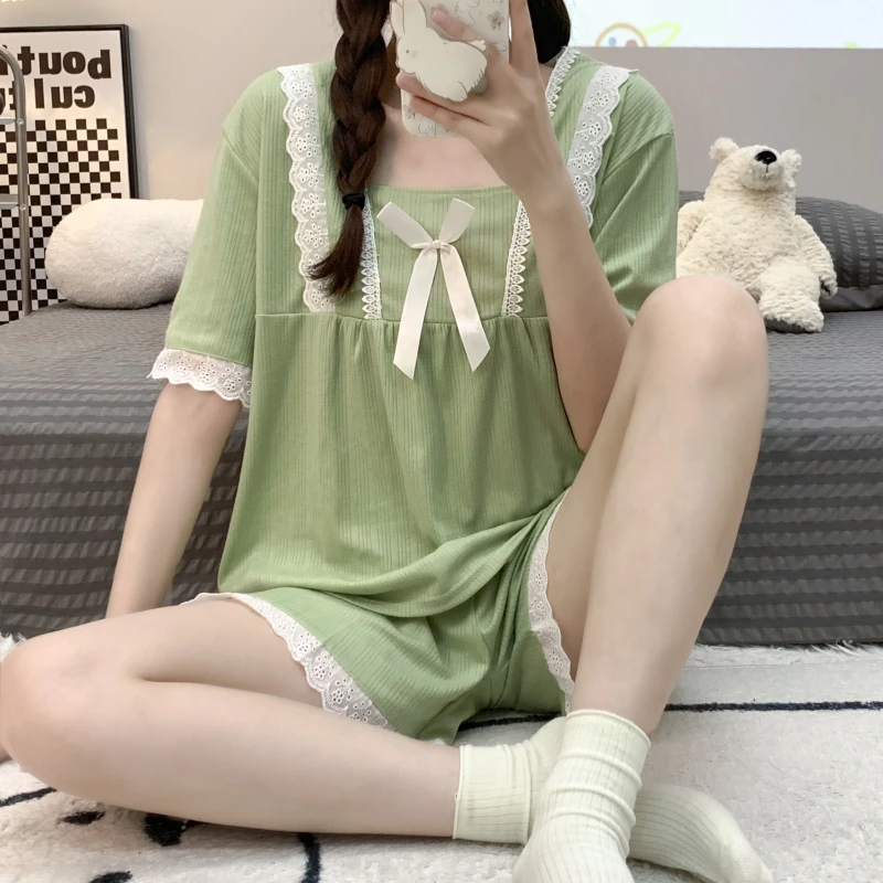 High quality new cotton pullover V-neck pajamas for women in spring, autumn, summer, short sleeved home wear, popular 2023 set