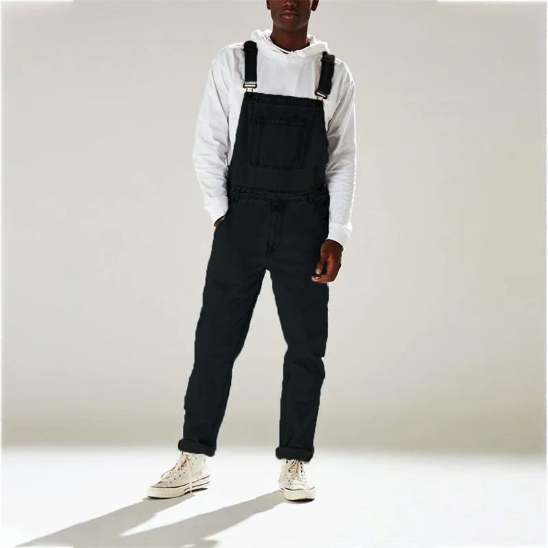 Fashion Street High-waisted Men's Strap Pants 2023 Summer Casual Male Denim Jumpsuit Button Splicing Straight Jeans New Trousers