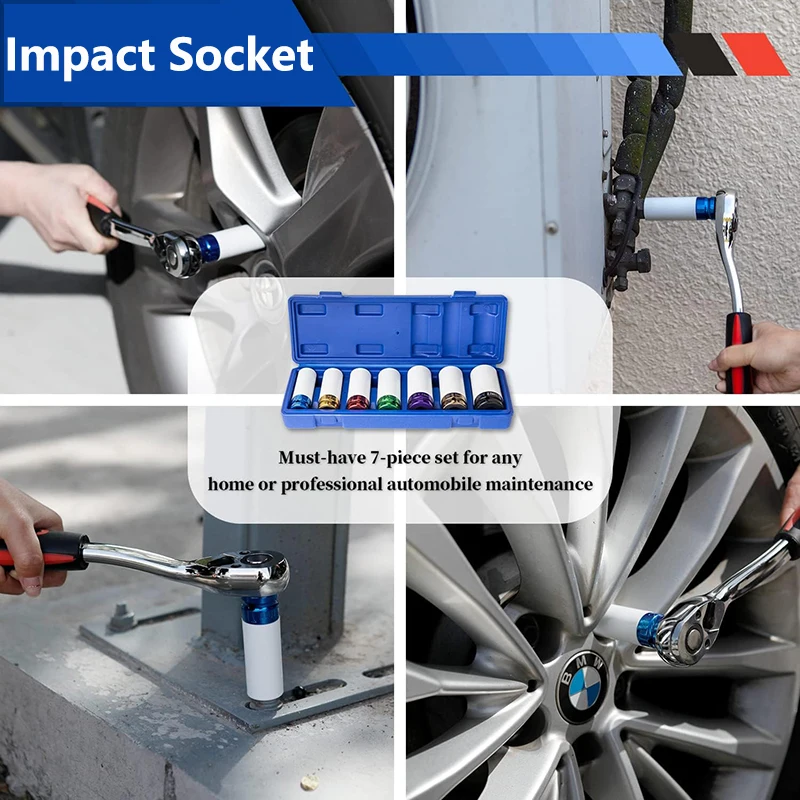 1/2" Drive Lug Nut Socket Set Wheel Socket Set Impact Lug Nut Socket Set Thin Wall Lug Nut Socket Set with Colored 6