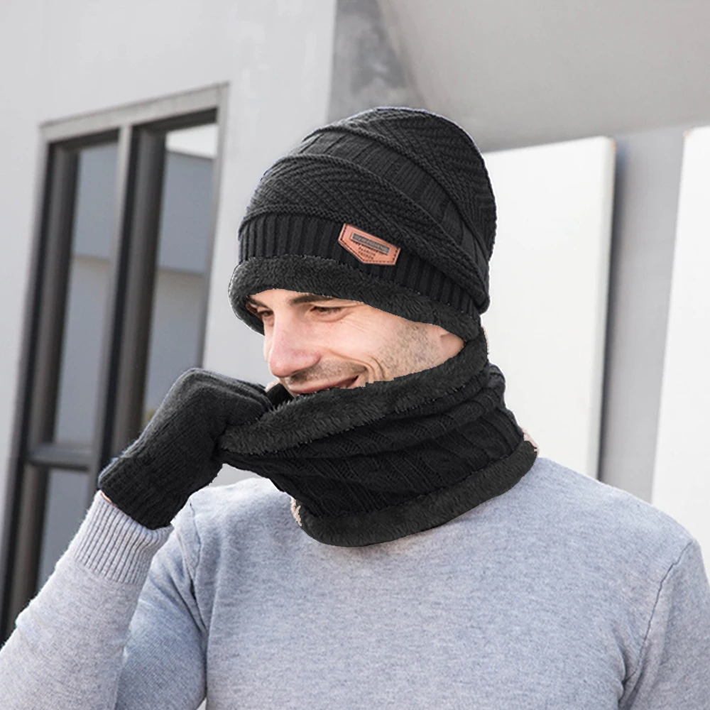 3Pcs Men's Hat Scarf Gloves Set Warm Beanie Fleece Lining Scarf Touchscreen Gloves Fashion Winter Knitted Mittens for Men Women winter hat,winter accessories,knitted hat scarf set