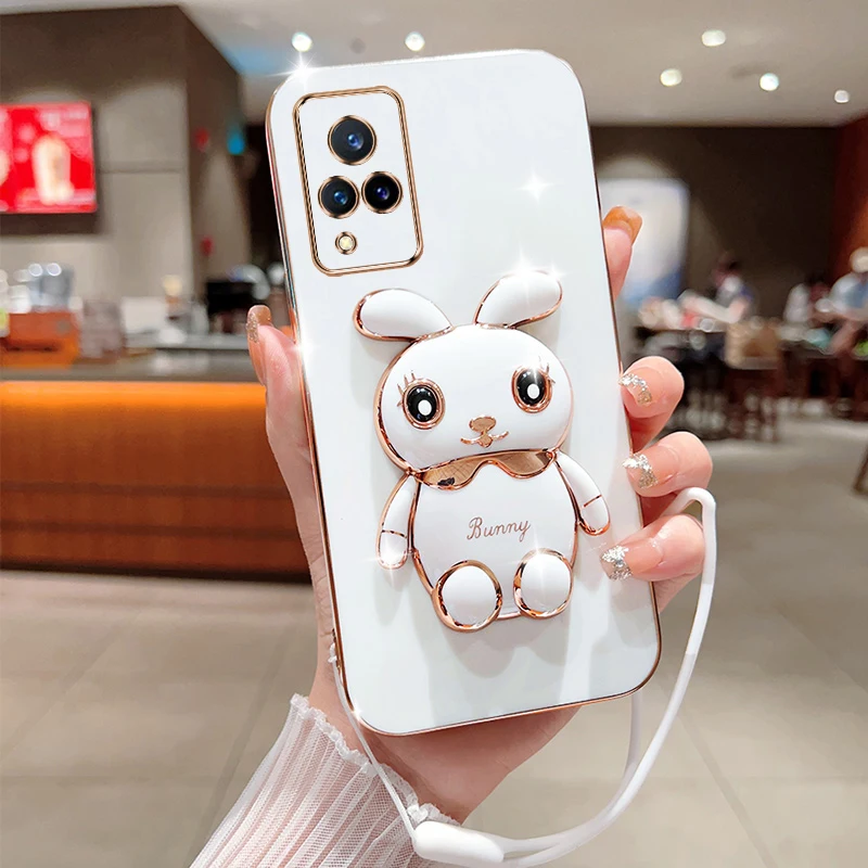 

For VIVO V21 4G 5G Phone Case Cute Cartoon Rabbit Fold Stand With Lanyard Soft Silicone Luxury Plating Cover