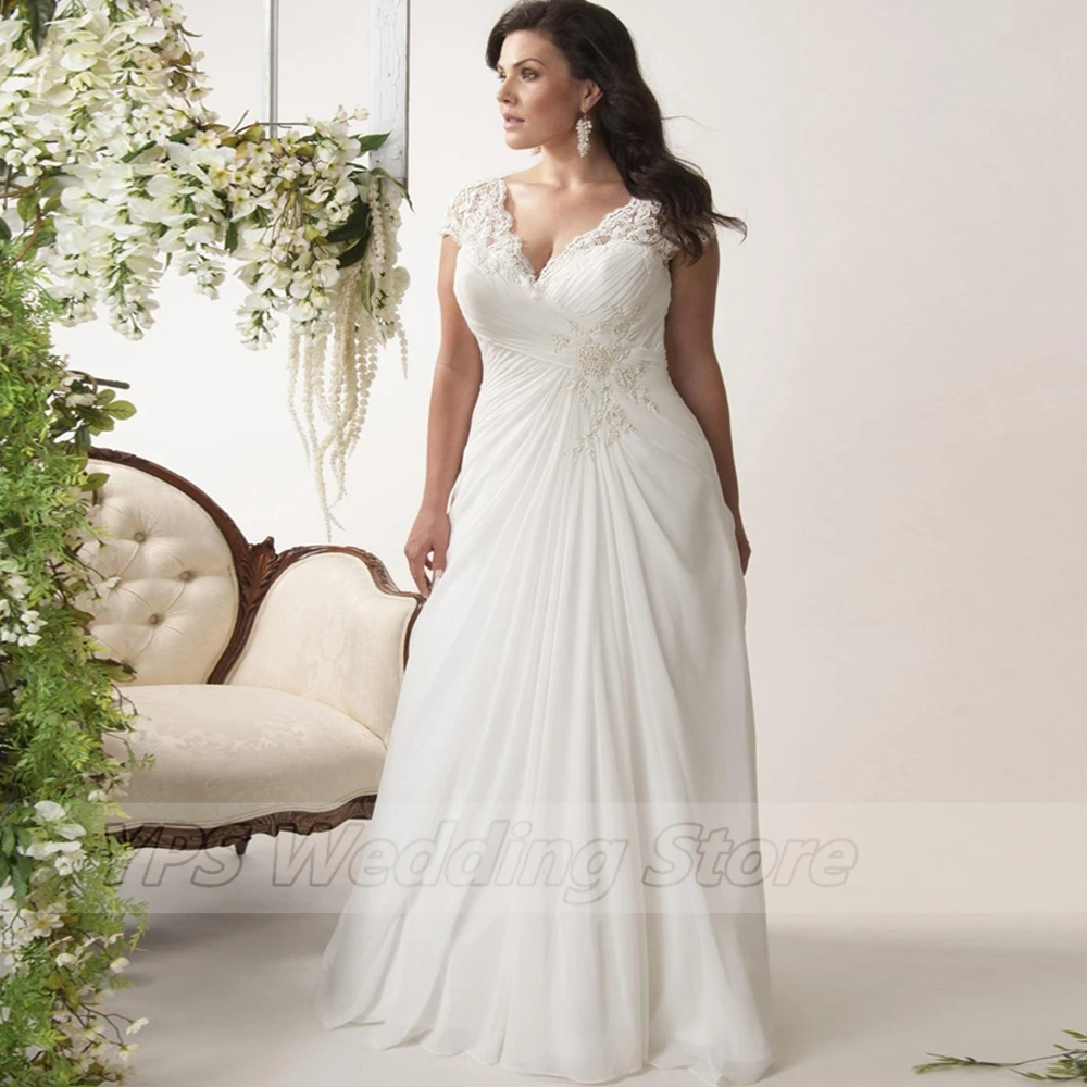 Weilinsha In Stock Plus Size Wedding Dress Cap Sleeve Applique Beaded Chiffon Beach Bridal Wedding Dresses Vestido De Noiva 4