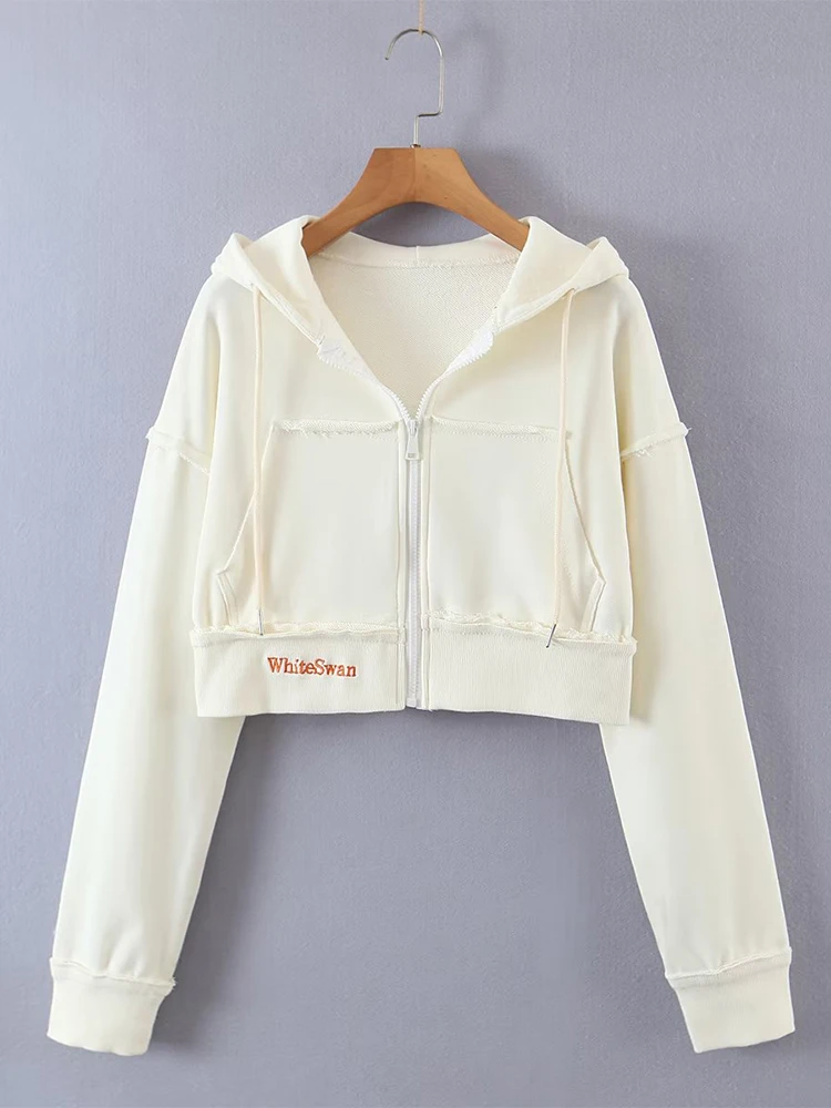 

YENKYE New Fall Women Letter Embroidery Hooded Crop Sweatshirt Vintage Long Sleeve Zipper Female Casual Outerwear