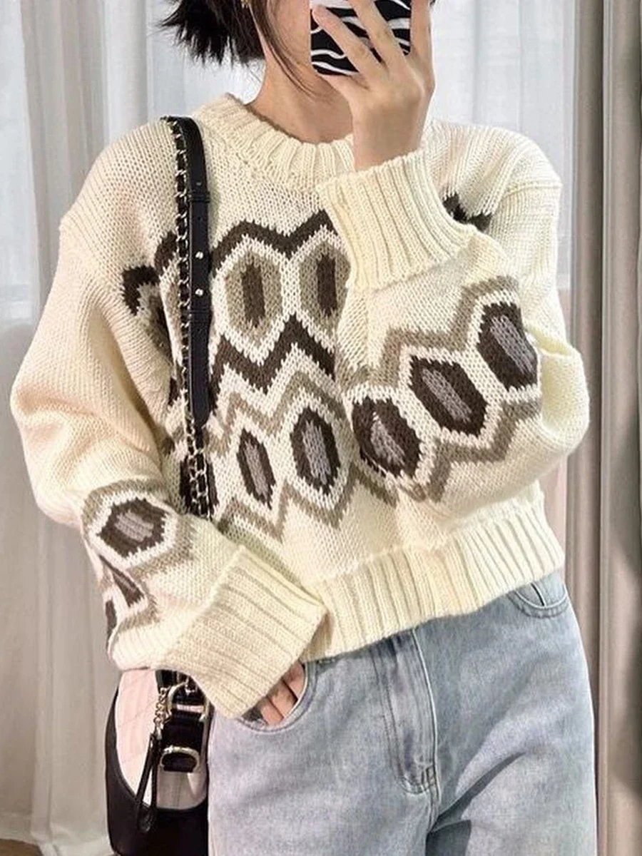 

Women's Geometric Jacquard Sweater Long Sleeve O-Neck Vintage Female Autumn Winter Pullover Tops