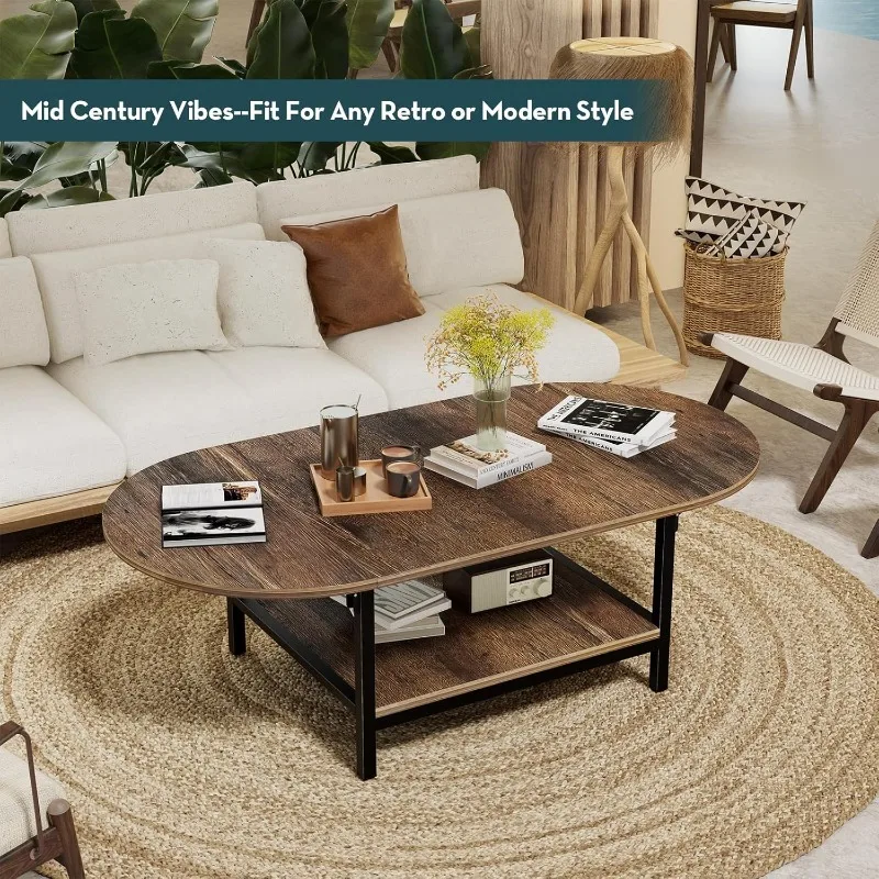 Coffee Table 2-Tier Small Folding Coffee Tables with Storage for Living Room Mid Century Center Table Vintage 6