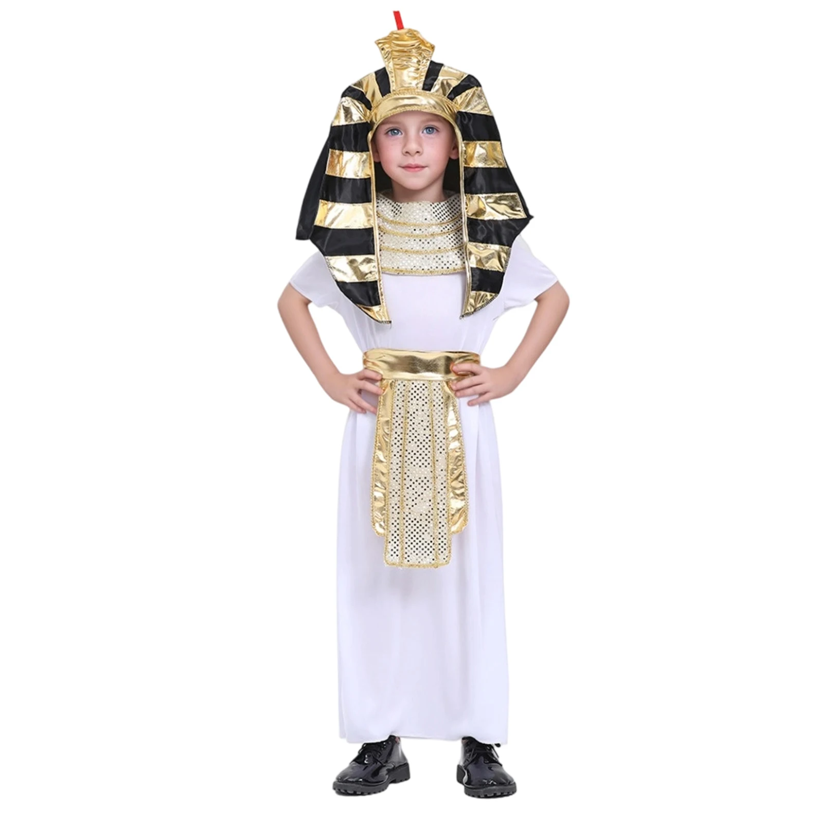 Kids Egyptian Costumes Set Short Sleeve Robe Neck Collar Belt Pharaoh Hat Cosplay Clothes for Party Stage