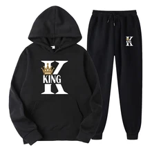 2022 Men's King Queen Print Hoodies Set Women's Unisex Lover Couples Hooded Tops and Sweatpant Sport Solid Jogging Suit for Male 