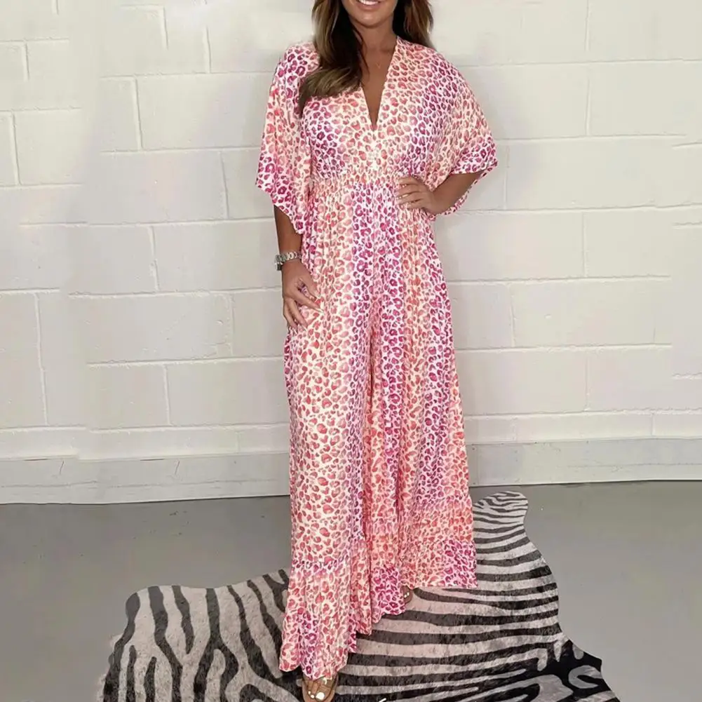 

Elegant Summer Women Jumpsuit Leopard Print Patchwork Loose Ruffled Hem Overall V Neck Half Sleeve Casual Ankle Length Romper