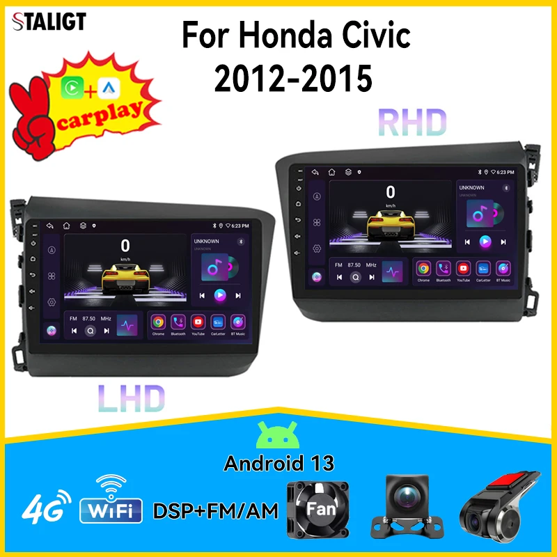2Din Autoradio Lettore Multimediale Autoradio Per Honda Civic 2012-2015 Car Stereo 9 Pollici Audio Automotive Video Car Steering