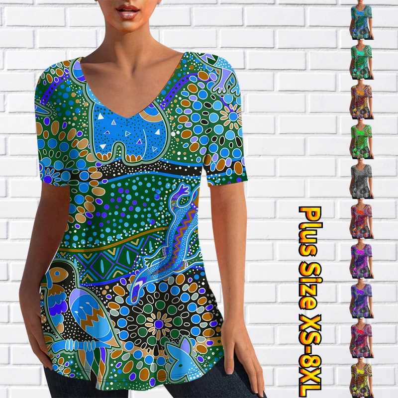 

2023 New V-neck Short Sleeve Street Long T-shirt T-shirt Ladies 3D Print T-shirt Pullover Summer Women's Fashion Casual Clothing