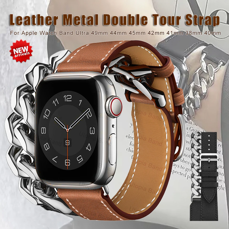 For Apple Watch Band Genuine Swift Leather Strap 8 7 41 45mm Double Tour  Bracelet for iWatch Ulta 49mm 6 5 4 3 2 38 42mm 44 40mm - AliExpress