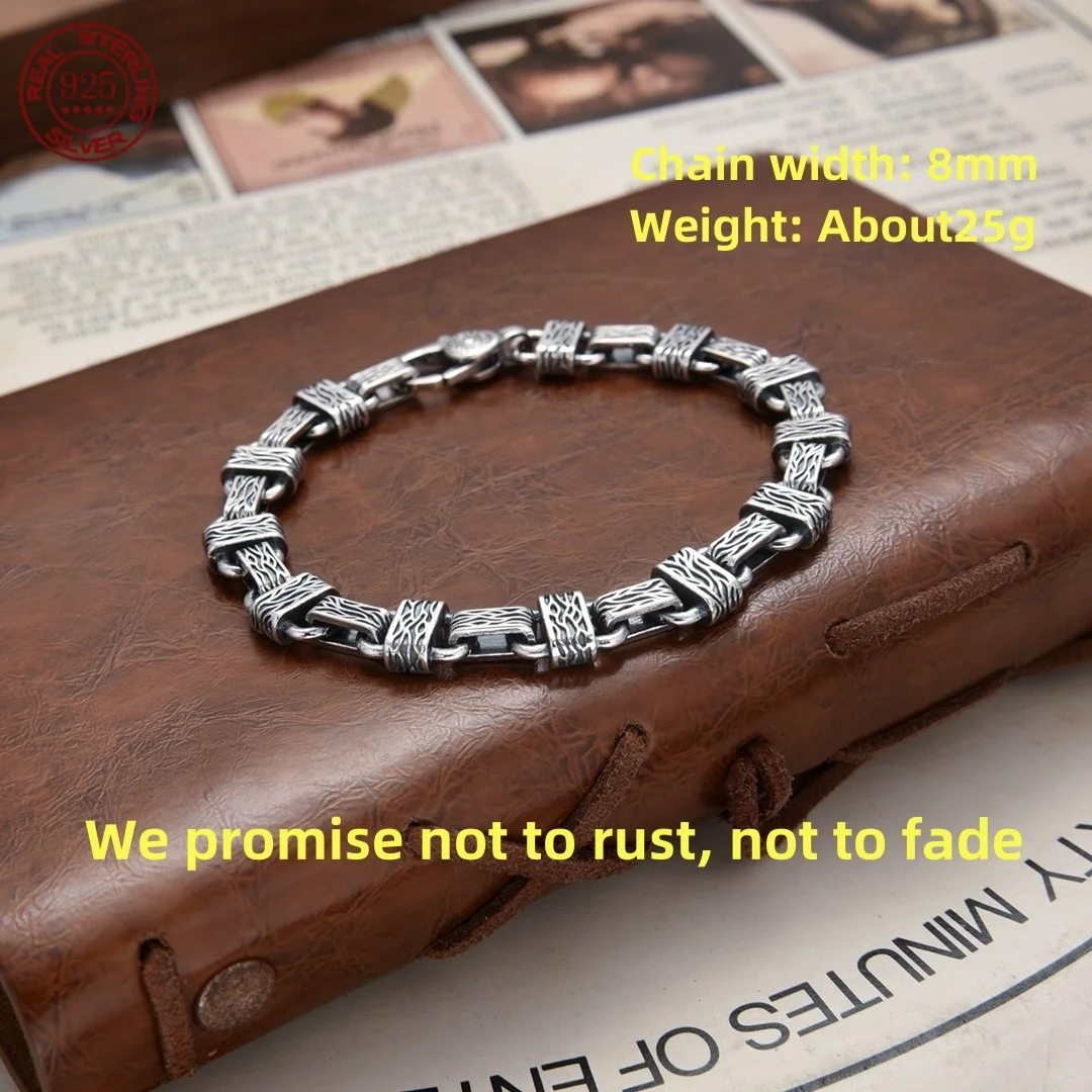 Pure handmade S925 sterling silver textured Cuban Chain bracelet 8mm flat chain couple hip hop personality fashion jewelry