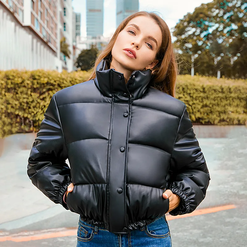 

Quilted Leather Jacket 2023 New Women Winter Warm Parkas Stand Collar Cropped Thick Coat Cotton-Padded Bread Jacket Outwear